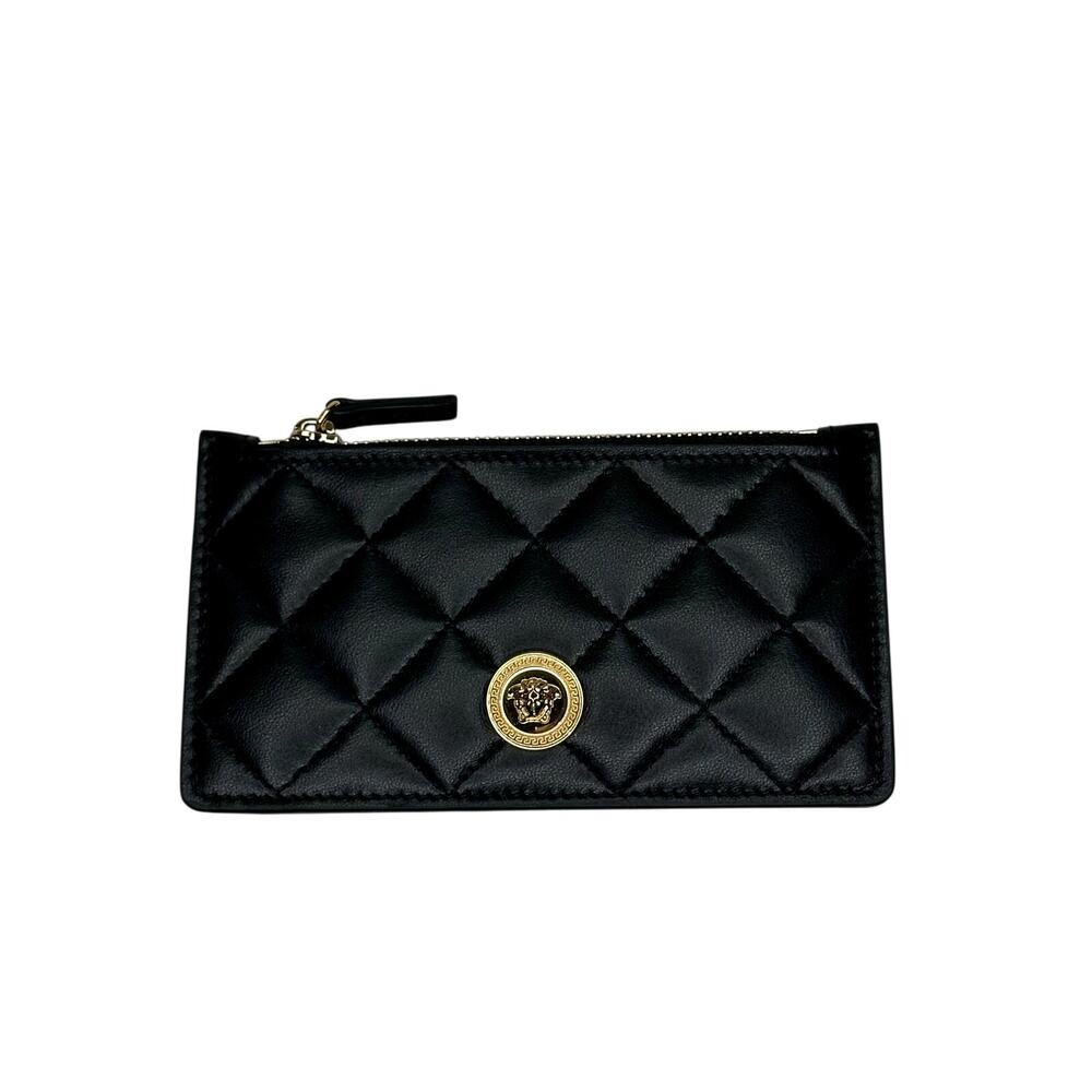 Versace Medusa Card Case Holder Wallet Black Quilted Leather Top Zip NIB